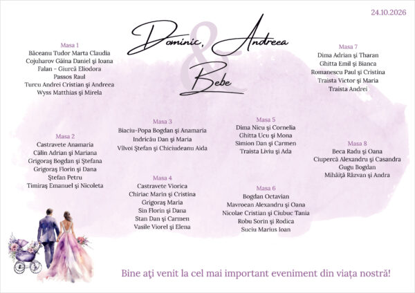 Listă de invitați nuntă și botez personalizată, cu miri, bebeluș și fundal lila – Model 53 - imagine 2