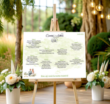 Listă de invitați nuntă și botez personalizată, cu fundal verde pastel și miri – Model 54