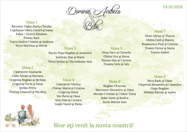 Listă de invitați nuntă și botez personalizată, cu fundal verde pastel și miri – Model 54 - imagine 2