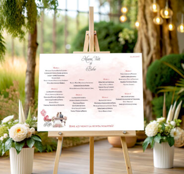 Listă de invitați nuntă și botez personalizată, cu miri, cărucior și fundal roz – Model 55