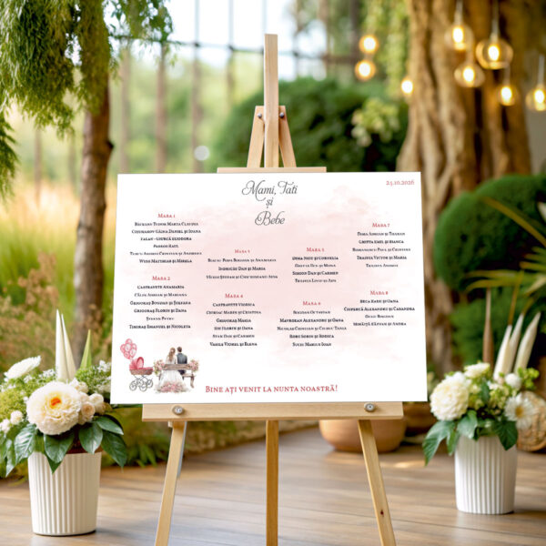 Listă de invitați nuntă și botez personalizată, cu miri, cărucior și fundal roz – Model 55