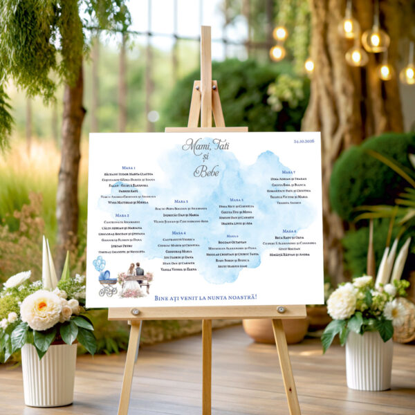 Listă de invitați nuntă și botez personalizată, cu acuarelă albastră și cărucior – Model 56