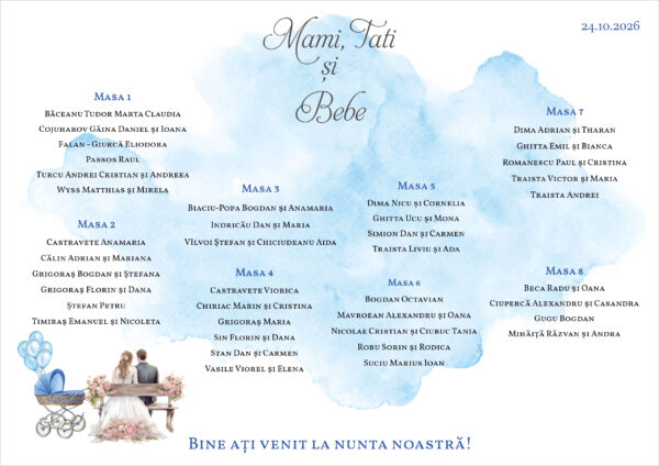 Listă de invitați nuntă și botez personalizată, cu acuarelă albastră și cărucior – Model 56 - imagine 2