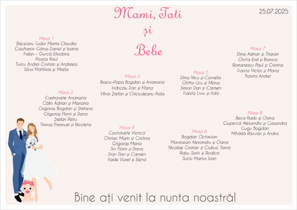Listă de invitați nuntă și botez personalizată, cu miri și bebeluș, roz pastel – Model 57 - imagine 2