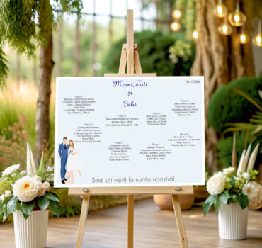 Listă de invitați nuntă și botez personalizată, cu miri și bebeluș, bleu pastel – Model 58