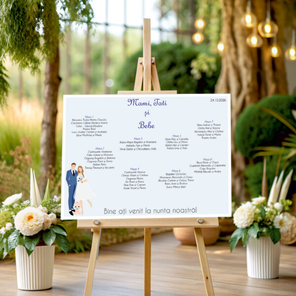 Listă de invitați nuntă și botez personalizată, cu miri și bebeluș, bleu pastel – Model 58