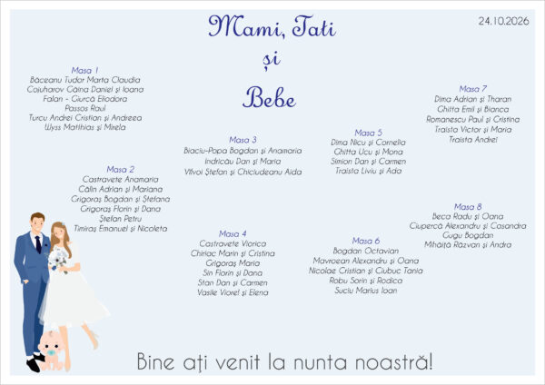 Listă de invitați nuntă și botez personalizată, cu miri și bebeluș, bleu pastel – Model 58 - imagine 2