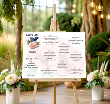 Listă de invitați nuntă și botez personalizată, cu pantofiori bebe și flori roz – Model 59