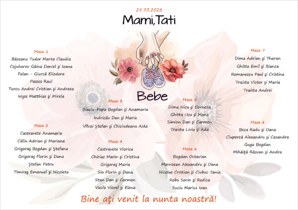 Listă de invitați nuntă și botez personalizată, cu pantofiori bebe și flori pastelate – Model 60 - imagine 2