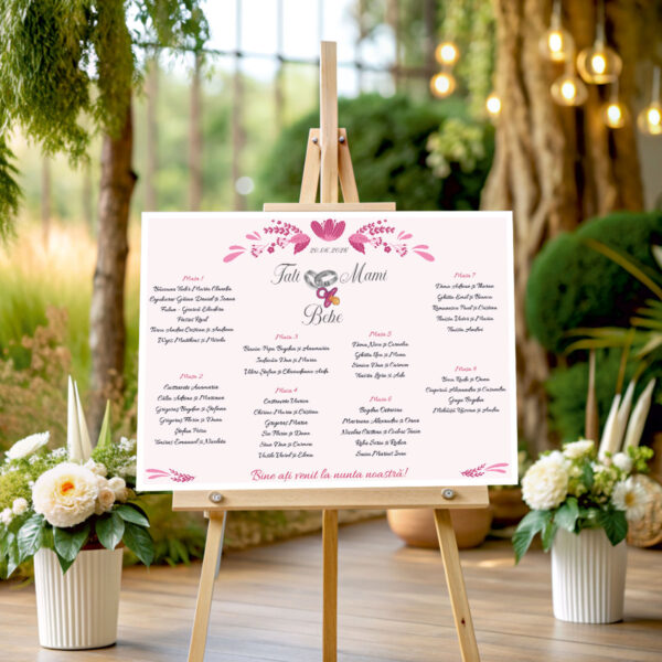 Listă de invitați nuntă și botez personalizată, cu verighete, suzetă și flori roz – Model 62