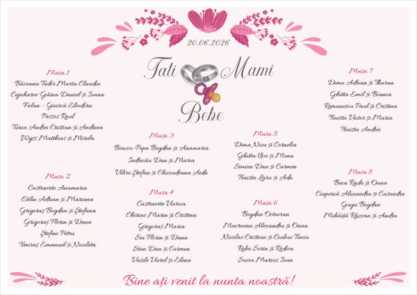 Listă de invitați nuntă și botez personalizată, cu verighete, suzetă și flori roz – Model 62 - imagine 2