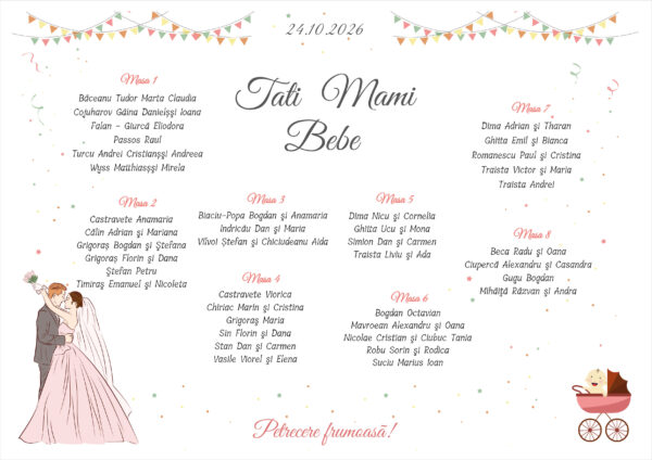 Listă de invitați nuntă și botez personalizată, cu miri, bebeluș și stegulețe colorate – Model 63 - imagine 2