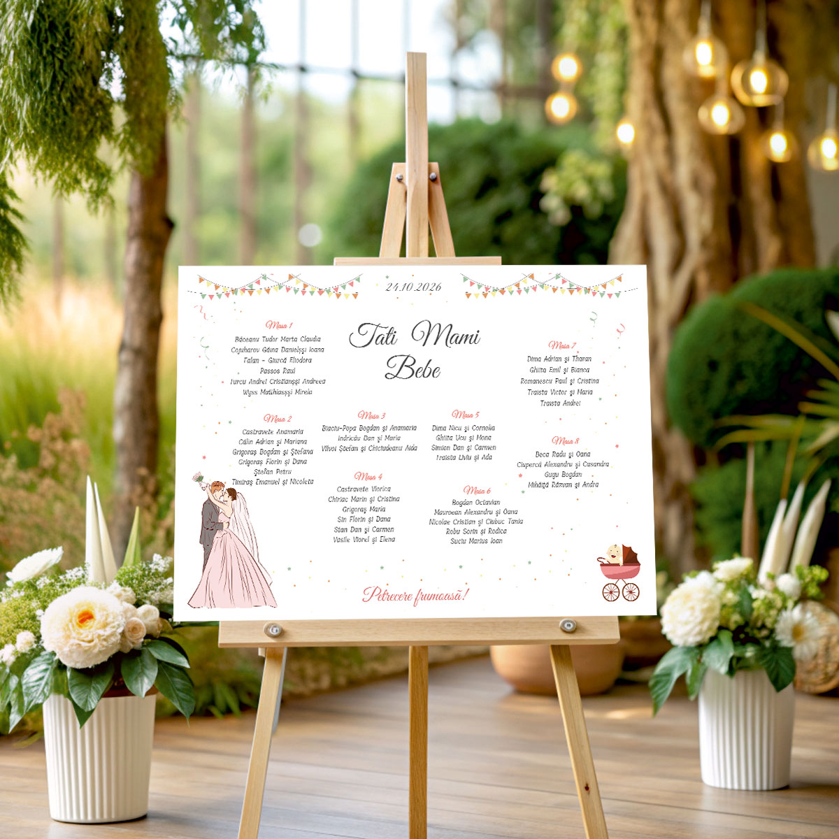 Lista-63 Listă de invitați nuntă și botez personalizată, cu miri, bebeluș și stegulețe colorate – Model 63 - imagine 1