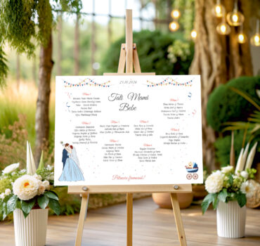 Listă de invitați nuntă și botez personalizată, cu miri, cărucior albastru și stegulețe – Model 64