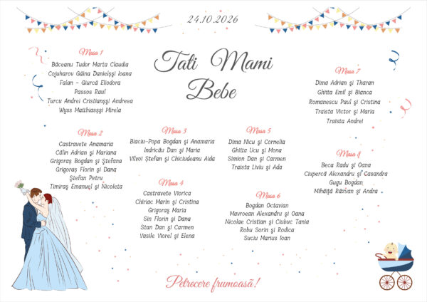 Listă de invitați nuntă și botez personalizată, cu miri, cărucior albastru și stegulețe – Model 64 - imagine 2