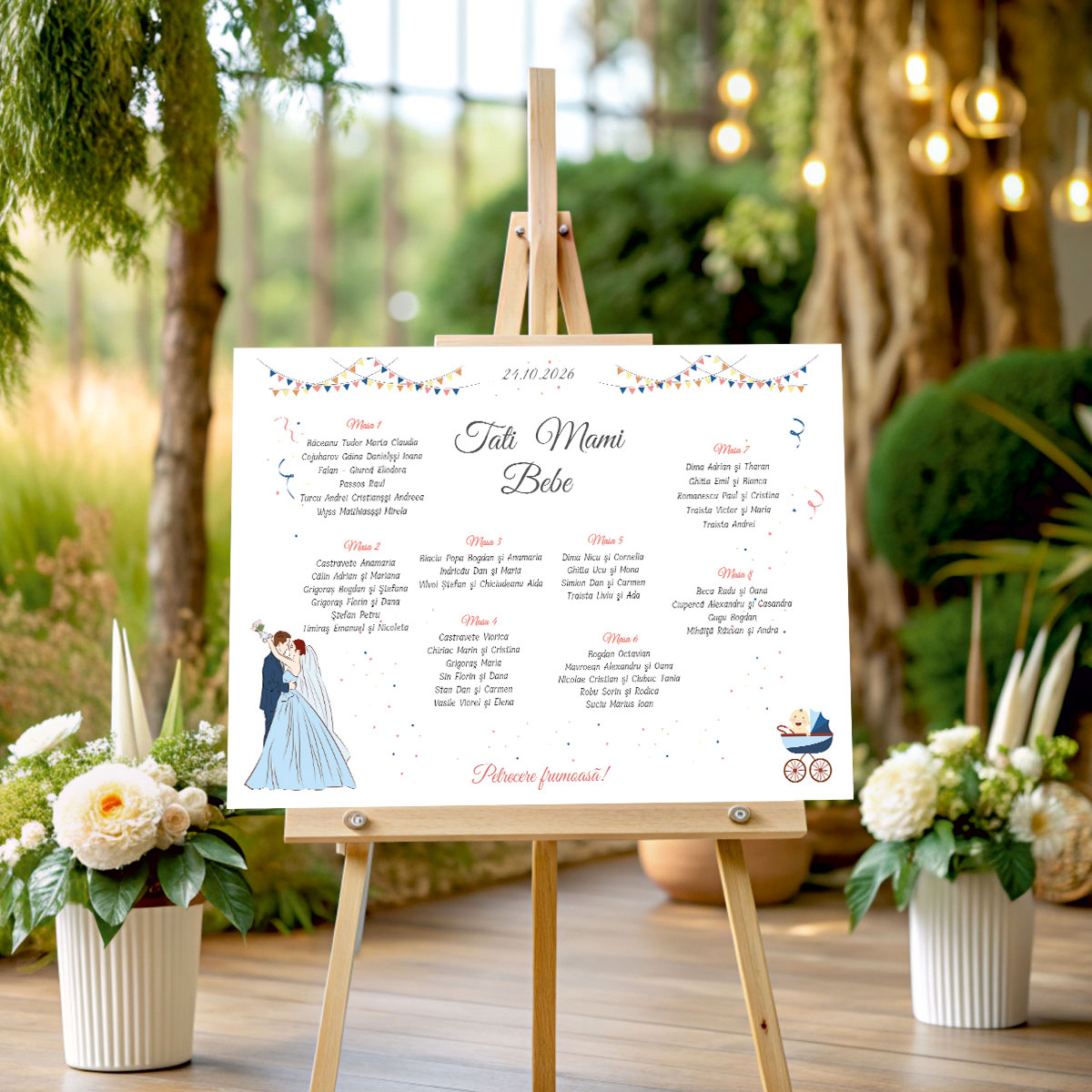 Lista-64 Listă de invitați nuntă și botez personalizată, cu miri, cărucior albastru și stegulețe – Model 64 - imagine 1