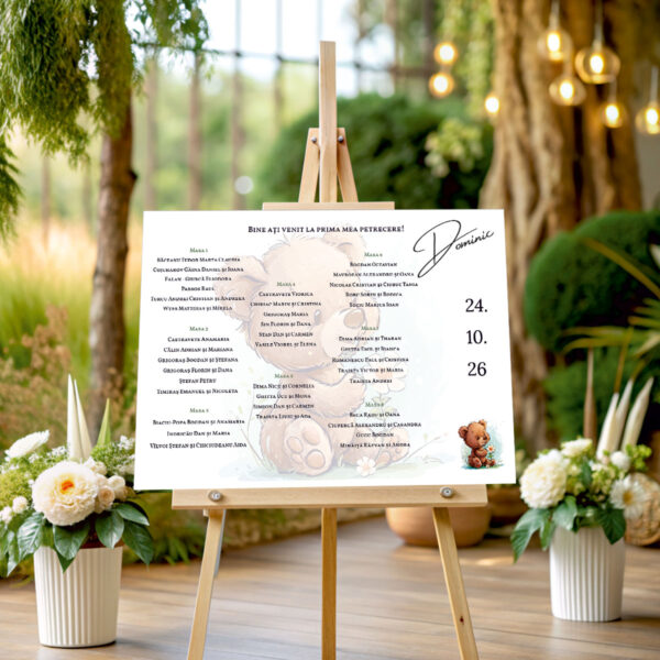Listă de invitați botez personalizată, cu ursuleț și flori delicate – Model 01