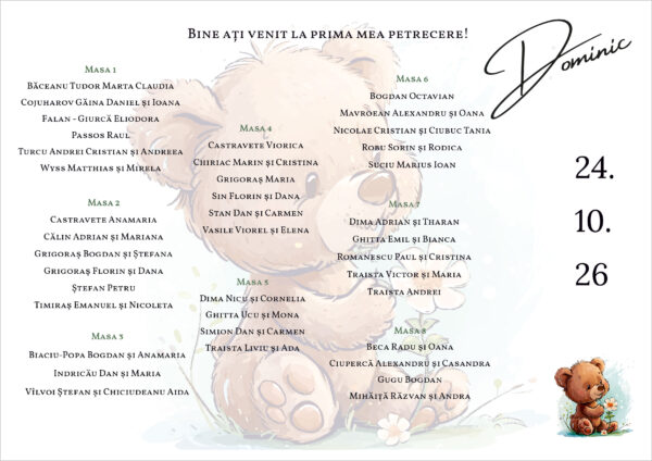 Listă de invitați botez personalizată, cu ursuleț și flori delicate – Model 01 - imagine 2
