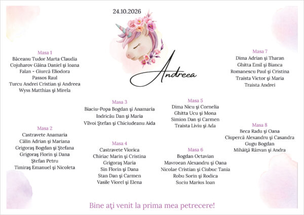 Listă de invitați botez personalizată, cu unicorn floral și flori pastelate – Model 11 - imagine 2