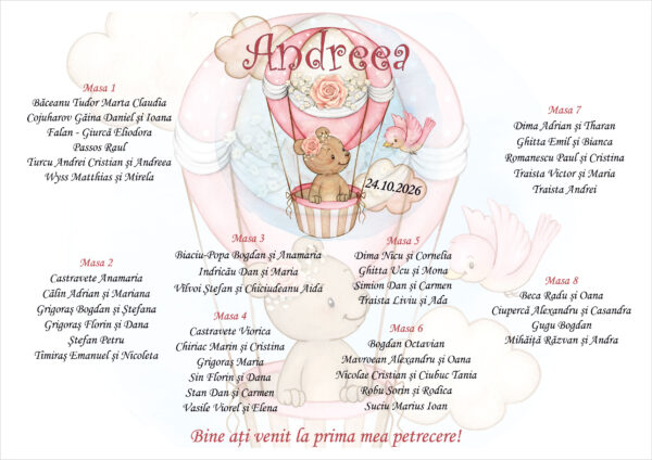 Listă de invitați botez personalizată, cu balon cu aer cald și ursuleț roz – Model 13 - imagine 2