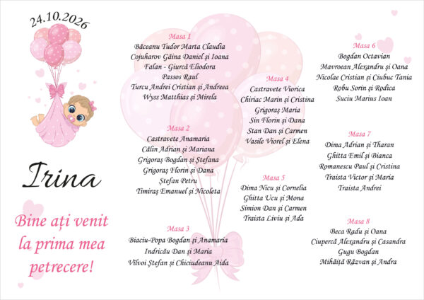 Listă de invitați botez personalizată, cu bebeluș și baloane roz – Model 14 - imagine 2