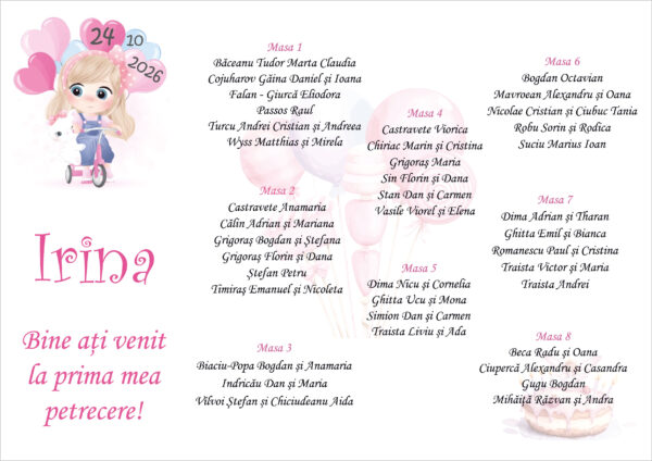 Listă de invitați botez personalizată, cu fetiță pe tricicletă și baloane roz – Model 15 - imagine 2