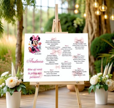 Listă de invitați botez personalizată, cu mica șoricică și fundițe roz – Model 16