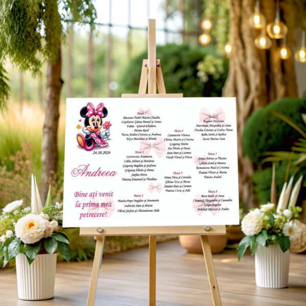 Listă de invitați botez personalizată, cu mica șoricică și fundițe roz – Model 16