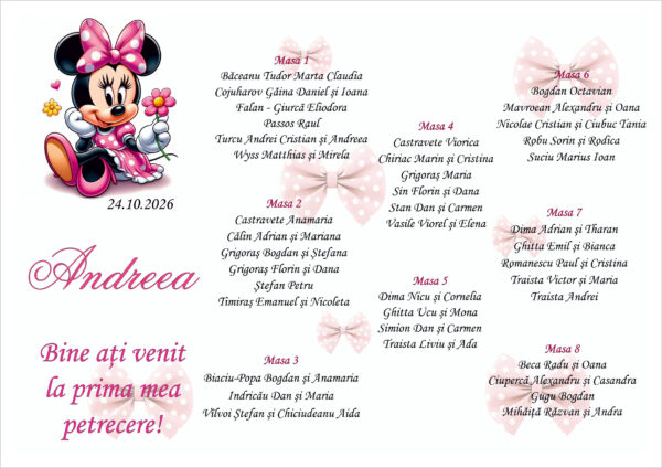 Listă de invitați botez personalizată, cu mica șoricică și fundițe roz – Model 16 - imagine 2