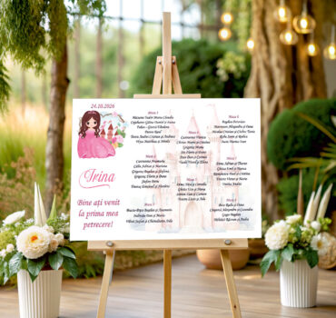 Listă de invitați botez personalizată, cu prințesă, castel de poveste și flori roz – Model 18