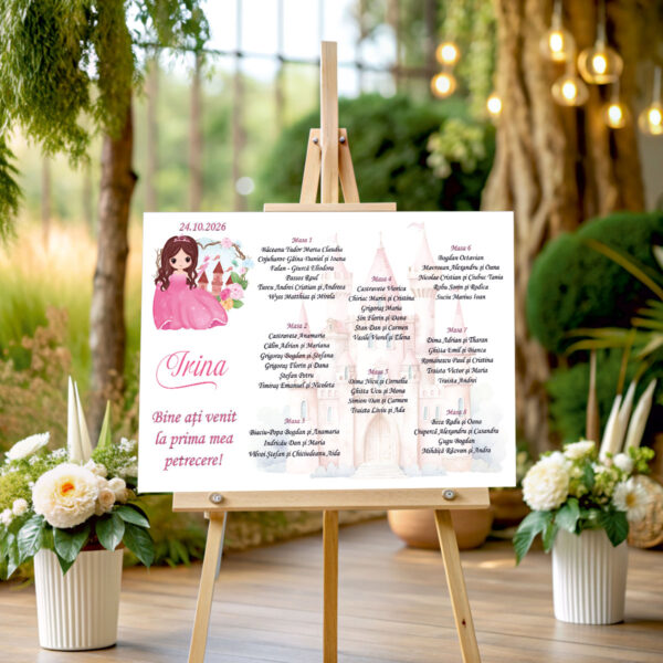 Listă de invitați botez personalizată, cu prințesă, castel de poveste și flori roz – Model 18