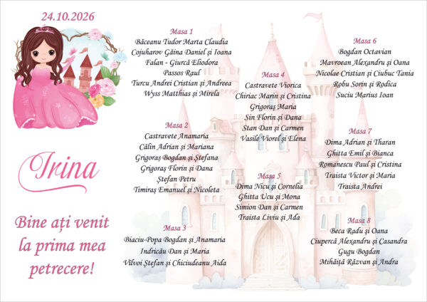 Listă de invitați botez personalizată, cu prințesă, castel de poveste și flori roz – Model 18 - imagine 2