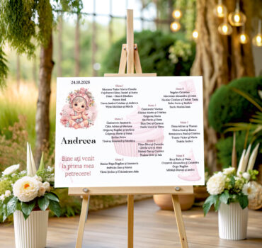Listă de invitați botez personalizată, cu bebelușă drăgălașă și flori roz – Model 19