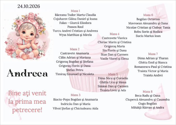 Listă de invitați botez personalizată, cu bebelușă drăgălașă și flori roz – Model 19 - imagine 2