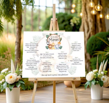 Listă de invitați botez personalizată, cu animale safari și frunze tropicale – Model 02