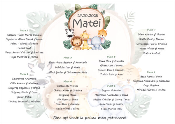 Listă de invitați botez personalizată, cu animale safari și frunze tropicale – Model 02 - imagine 2