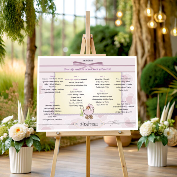 Listă de invitați botez personalizată, cu cărucior vintage roz și fundițe – Model 20