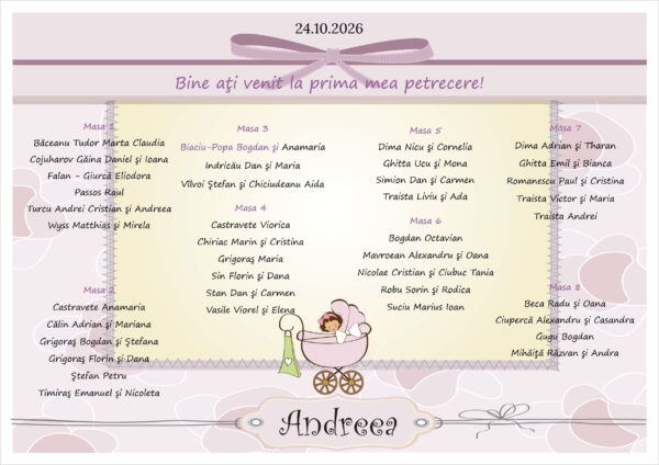 Listă de invitați botez personalizată, cu cărucior vintage roz și fundițe – Model 20 - imagine 2