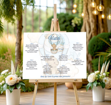 Listă de invitați botez personalizată, cu ursuleț în balon și norișori – Model 03