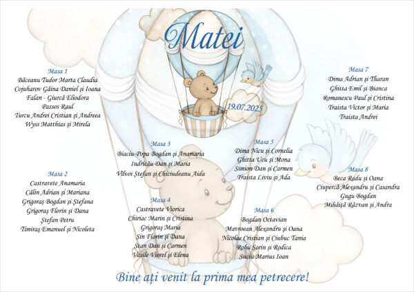 Listă de invitați botez personalizată, cu ursuleț în balon și norișori – Model 03 - imagine 2