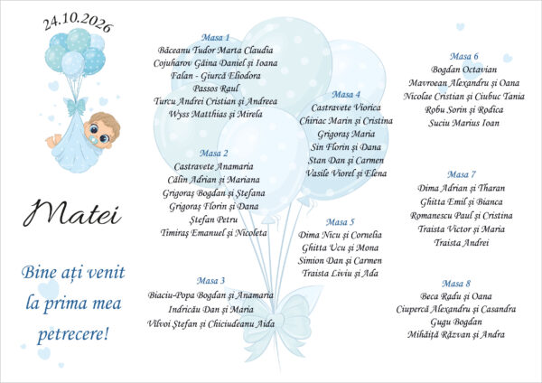 Listă de invitați botez personalizată, cu bebeluș și baloane bleu – Model 04 - imagine 2