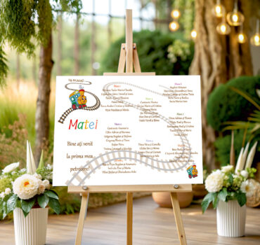 Listă de invitați botez personalizată, cu trenuleț colorat și șine – Model 05