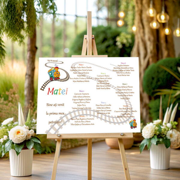 Listă de invitați botez personalizată, cu trenuleț colorat și șine – Model 05