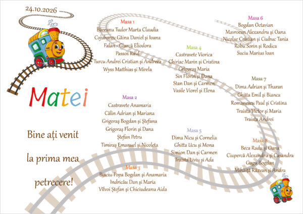 Listă de invitați botez personalizată, cu trenuleț colorat și șine – Model 05 - imagine 2