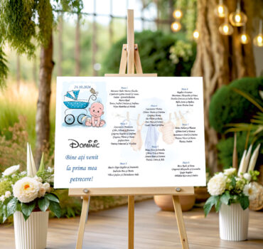 Listă de invitați botez personalizată, cu bebeluș, cărucior și hăinuțe – Model 06