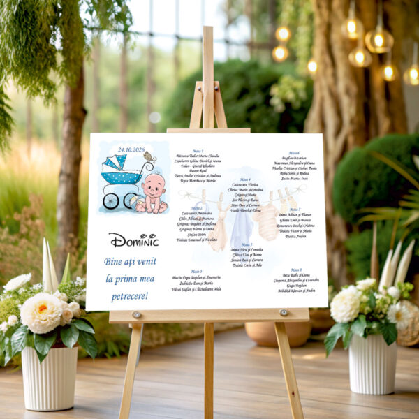 Listă de invitați botez personalizată, cu bebeluș, cărucior și hăinuțe – Model 06