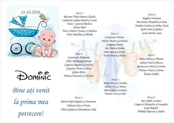 Listă de invitați botez personalizată, cu bebeluș, cărucior și hăinuțe – Model 06 - imagine 2