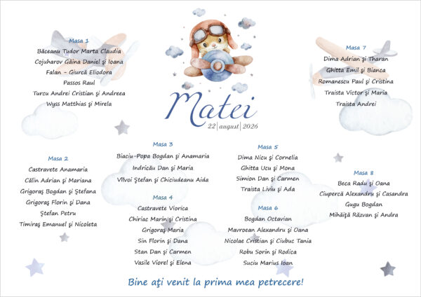 Listă de invitați botez personalizată, cu ursuleț aviator și avioane – Model 07 - imagine 2
