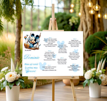 Listă de invitați botez personalizată, cu Miki soricelul pe leagăn – Model 08