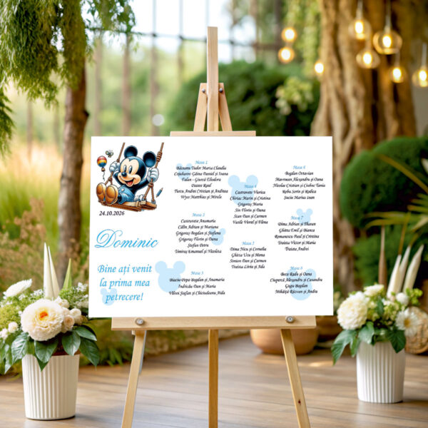 Listă de invitați botez personalizată, cu Miki soricelul pe leagăn – Model 08